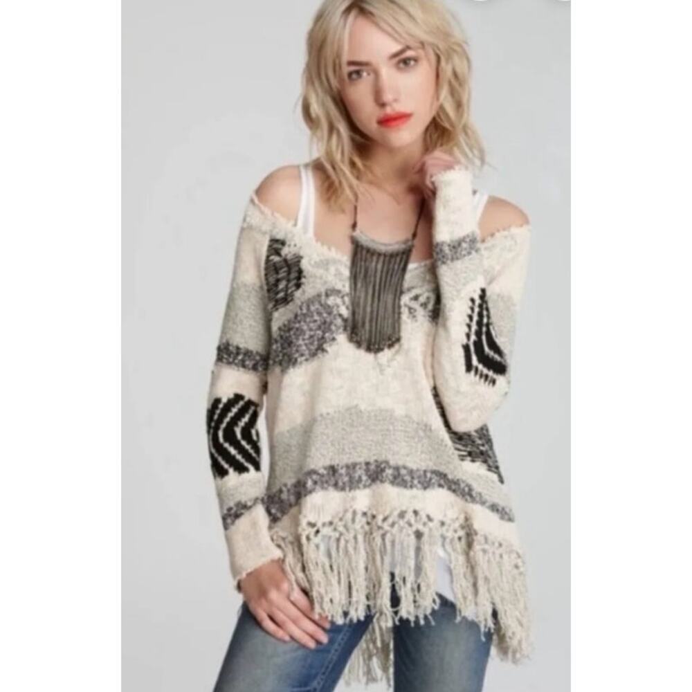 Free People Patchwork Landscape Boho Open Neckline Fringe Sweater, S